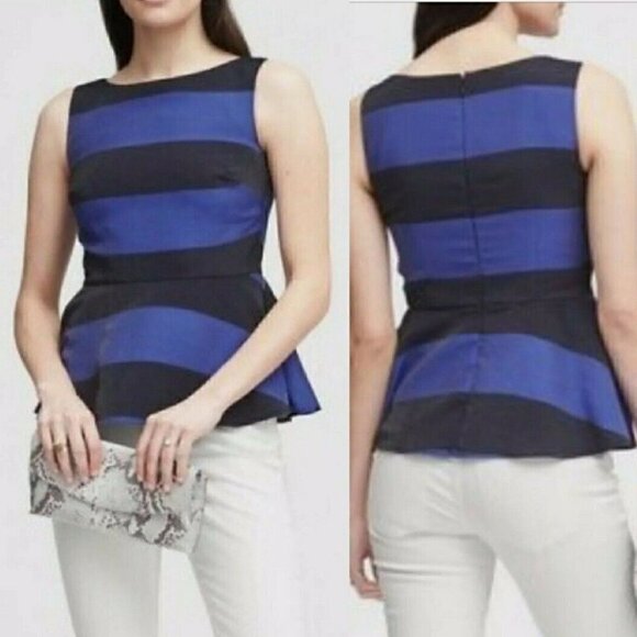 Banana Republic Rugby Striped Shimmer Peplum Top Size 6 Blue & Black RT$78 NEW - Picture 8 of 8